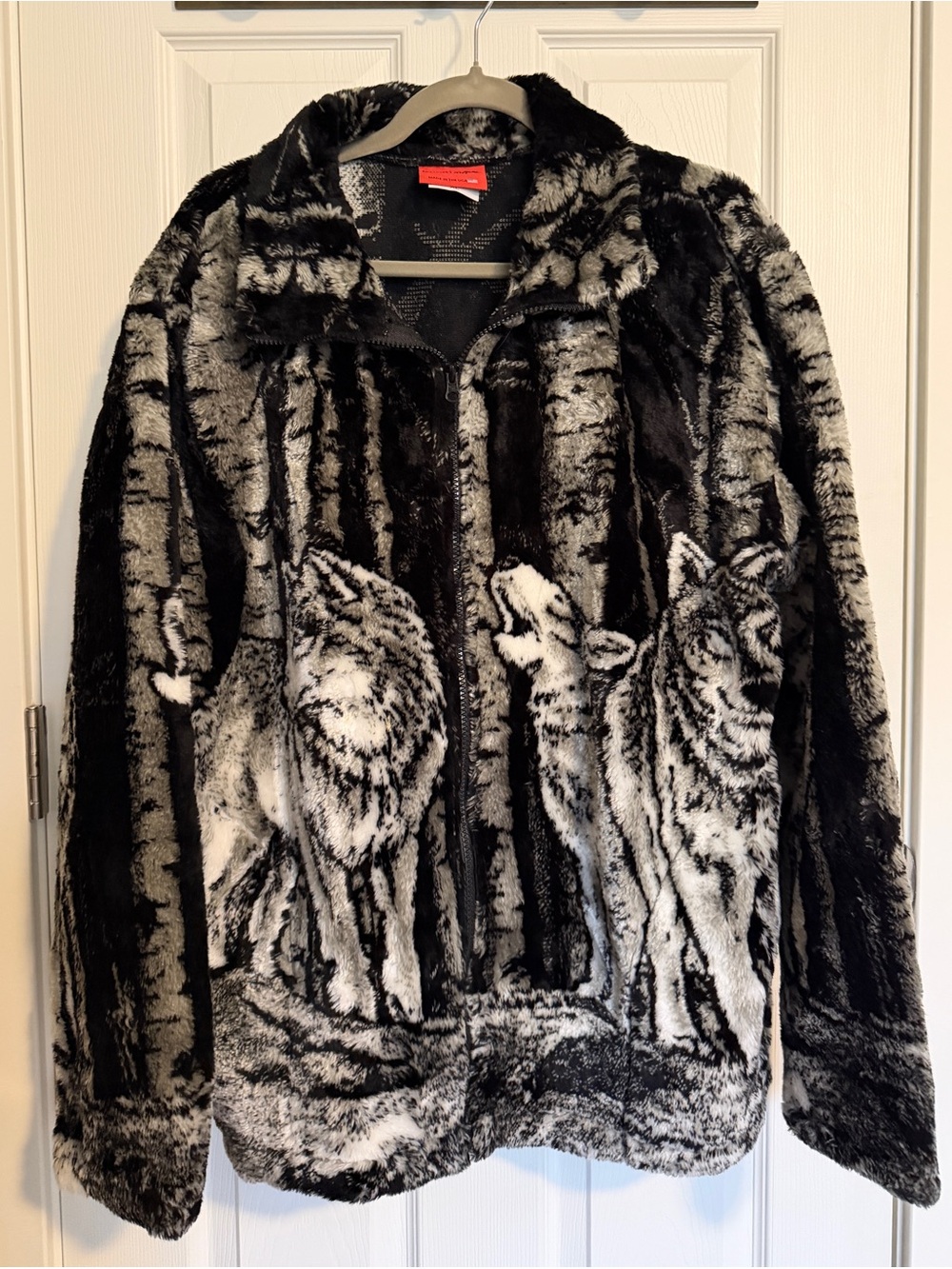 Vintage Black Mountain Wolf Forest Print Plush Zip Up Fleece Jacket XL Y2K